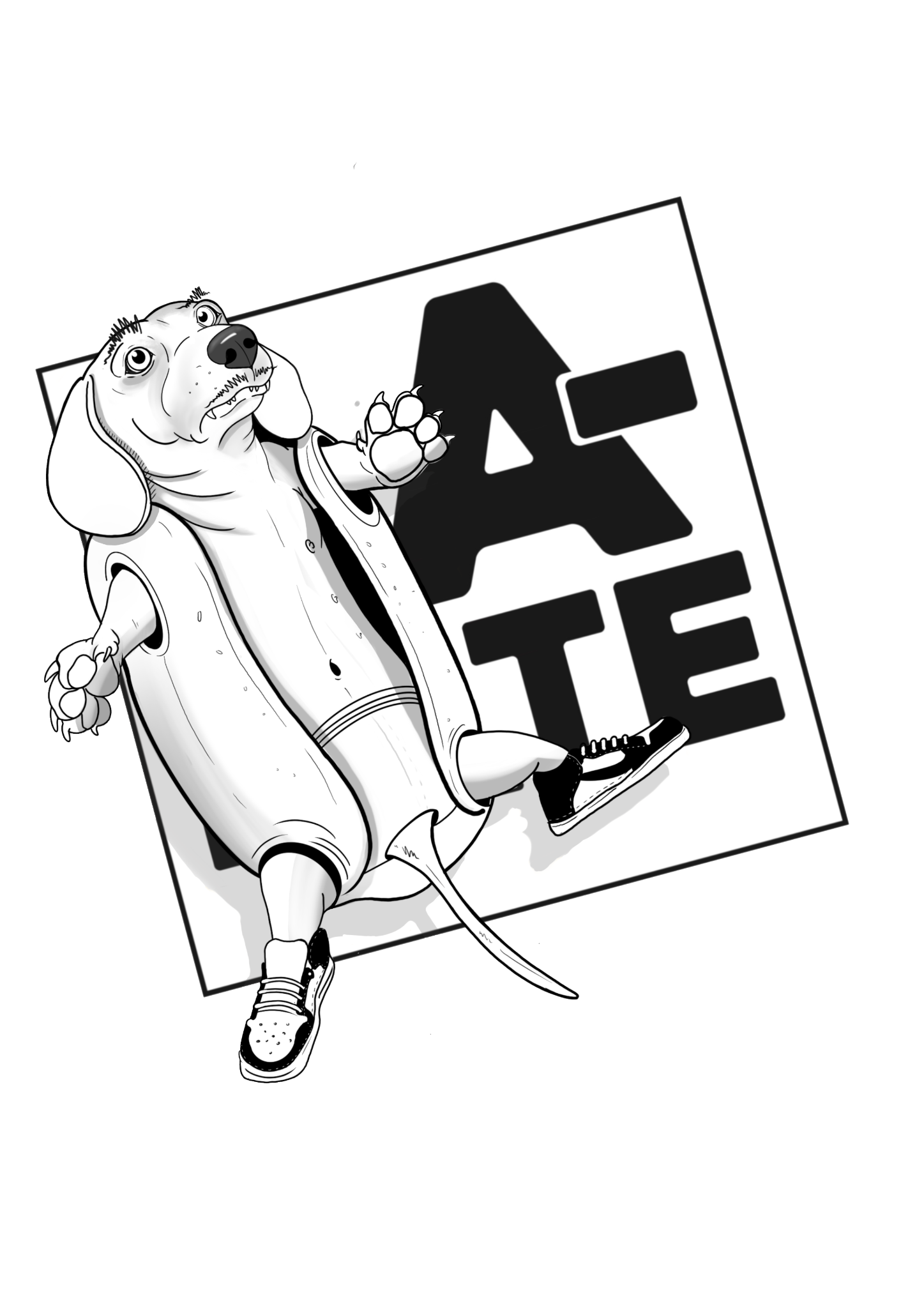 Ilustración en blanco y negro del Chori junto al logotipo de La Pate