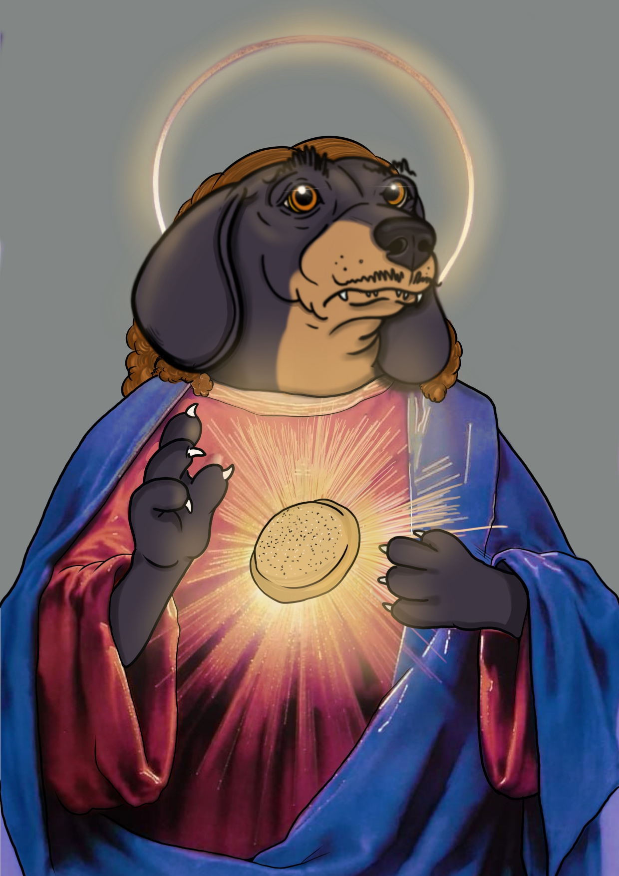 Ilustración del Chori con halo y una hamburguesa luminosa